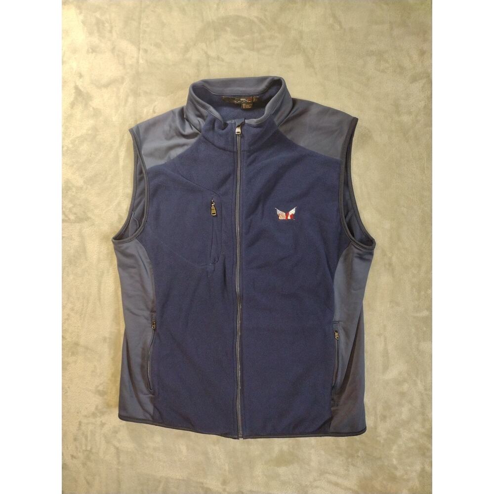 Ralph Lauren RLX Vest Mens L Blue Fleece Full Zip Embroidered Flags Golf Outdoor